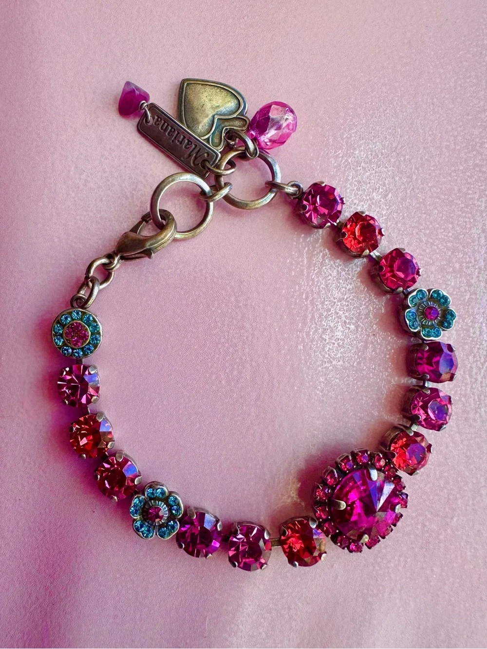 Mariana Rivoli Center Pink Crystal Bracelet with aquamarine flower clusters